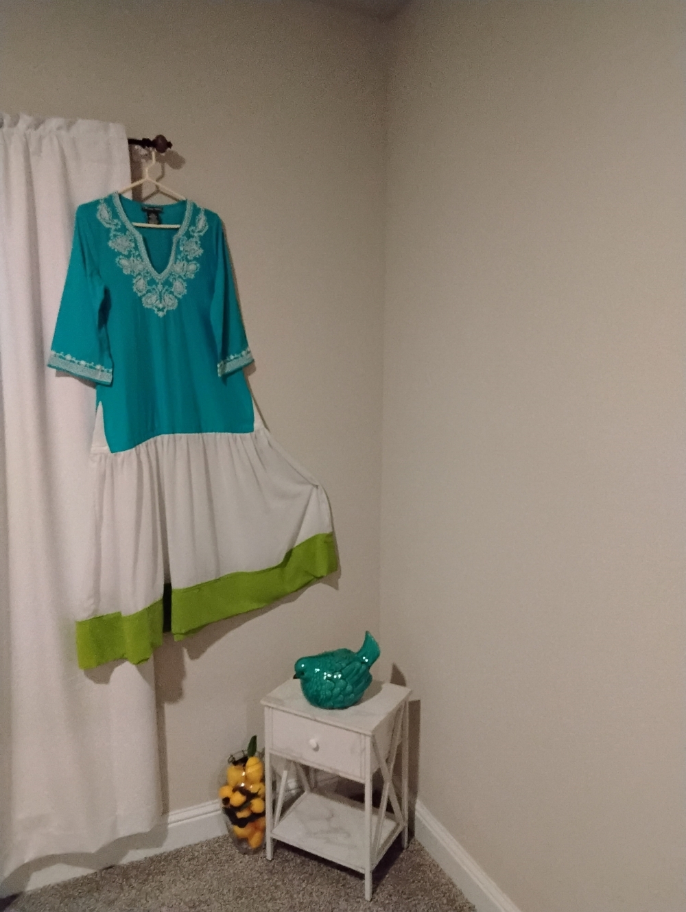 Turquoise and White Embroidered Tunic Dress with Lime Trim